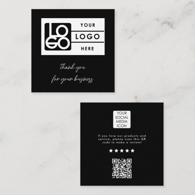 Carte De Visite Carré Review Link Business Logo QR Code Thank You Black (Devant / Derrière)
