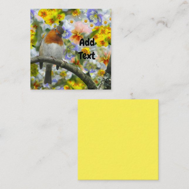Carte De Visite Carré Robin Oiseaux Et Fleurs (Devant / Derrière)