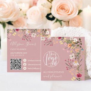 Carte De Visite Carré Rose Boho floral événement planner logo qr code
