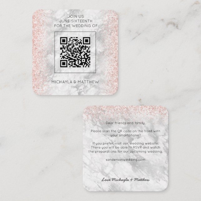 Carte De Visite Carré Rose Budget Parties scintillant or QR Code Mariage (Devant / Derrière)