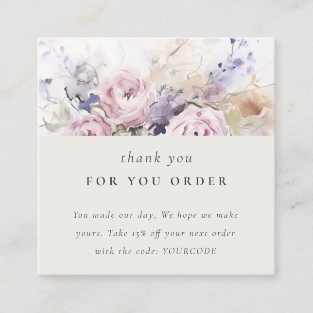 Carte De Visite Carré Rose d'aquarelle de Lilac bleu  de Merci floral (Devant)