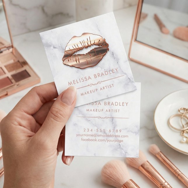 Carte De Visite Carré Rose Gold 3D Lips Marbre Look maquillage Artiste (Créateur téléchargé)