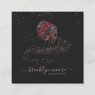 Carte De Visite Carré Rose Gold Floral Logo Hair Styliste   Élégant