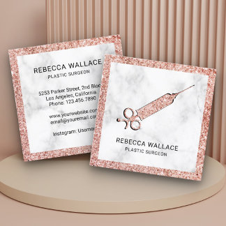Carte De Visite Carré Rose Gold Marbre Blanc Seringue Chirurgien Plastic