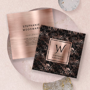 Carte De Visite Carré Rose Gold Marbre Noir Monogramme en Feuille