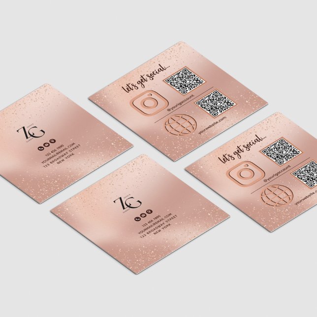 Carte De Visite Carré Rose Gold Social Media Sign Avec Code QR (Créateur téléchargé)