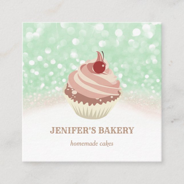 Carte De Visite Carré Rose moderne or glittery cupcake boulangerie maiso (Devant)
