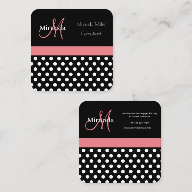 Carte De Visite Carré Rose noir blanc Polka point Monogramme (Devant / Derrière)