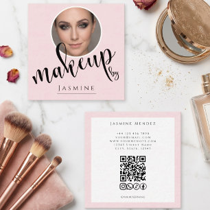 Carte De Visite Carré Rose Pâle Blanc Photo MUA Code QR Réseaux Sociaux 
