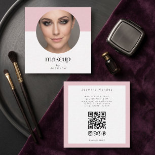 Carte De Visite Carré Rose Pâle Blanc Photo MUA Code QR Réseaux Sociaux 