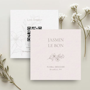 Carte De Visite Carré Rose pâle Chic Minimal Floral Carré QR Business