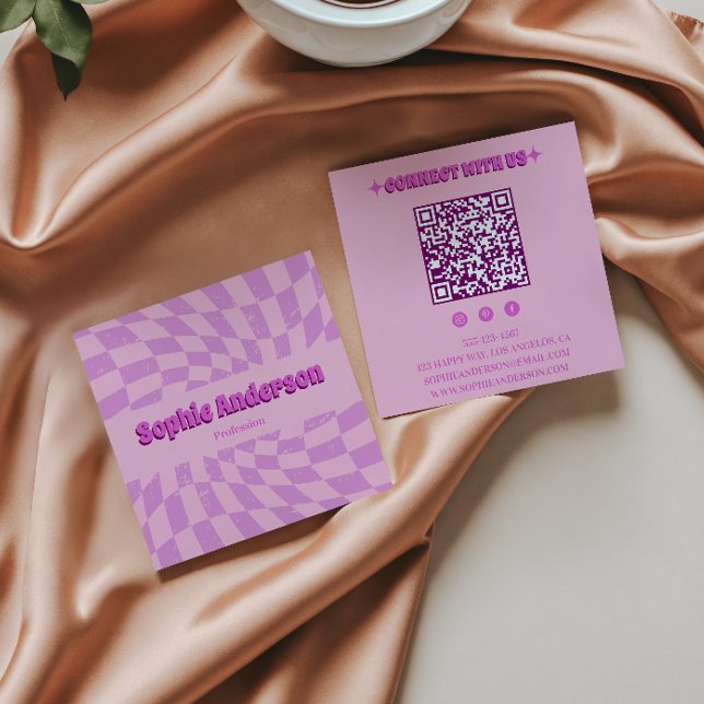Carte De Visite Carré Rose Rétro Groovy Vagues Damier avec Code QR (Créateur téléchargé)