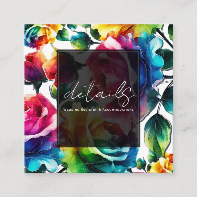 Carte De Visite Carré Roses arc-en-ciel noires et blanches détails flora (Devant)