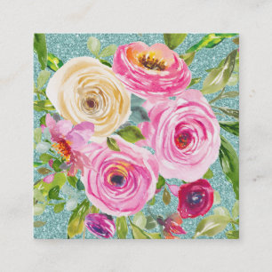 Carte De Visite Carré Roses d'aquarelle en Parties scintillant Aqua rose