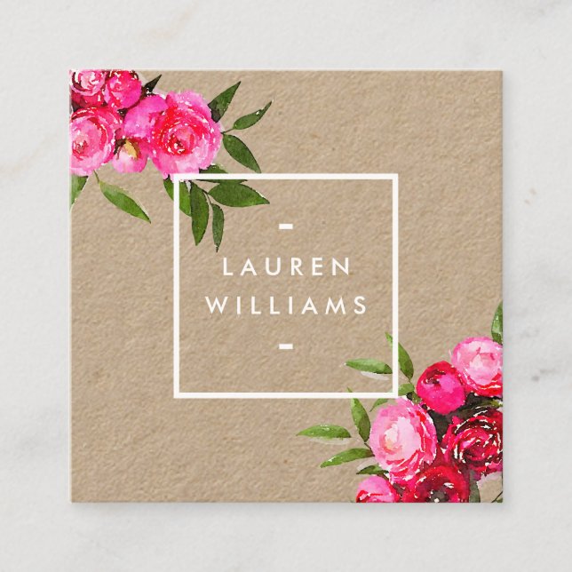 Carte De Visite Carré Roses d'aquarelle Luxe Bold sur Kraft (Devant)