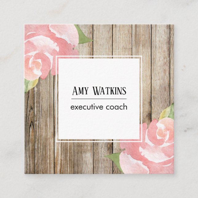 Carte De Visite Carré Roses d'aquarelle rose, Bois rustique, Icônes soci (Devant)