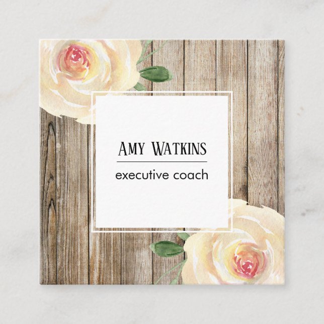 Carte De Visite Carré Roses ivoires, Bois rustique, Icônes sociales (Devant)