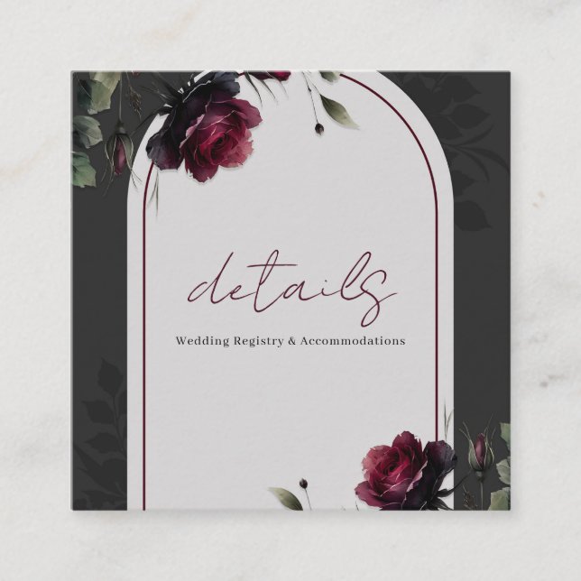 Carte De Visite Carré Roses Rouges de Bordeaux Ombre Gris Détails Florau (Devant)