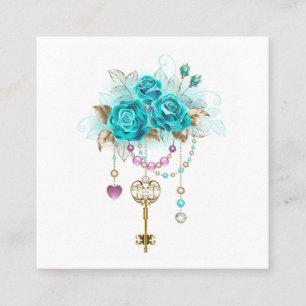Carte De Visite Carré Roses Turquoise avec Clés