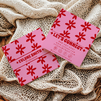 Carte De Visite Carré Rouge Rétro Rose Floral Bohème Féminin Tendance Am