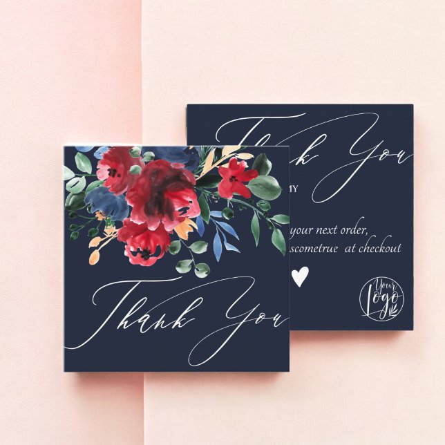 Carte De Visite Carré Rustic marine bleu floral marine ordre merci (Rustic navy blue floral navy order thank you square business card)