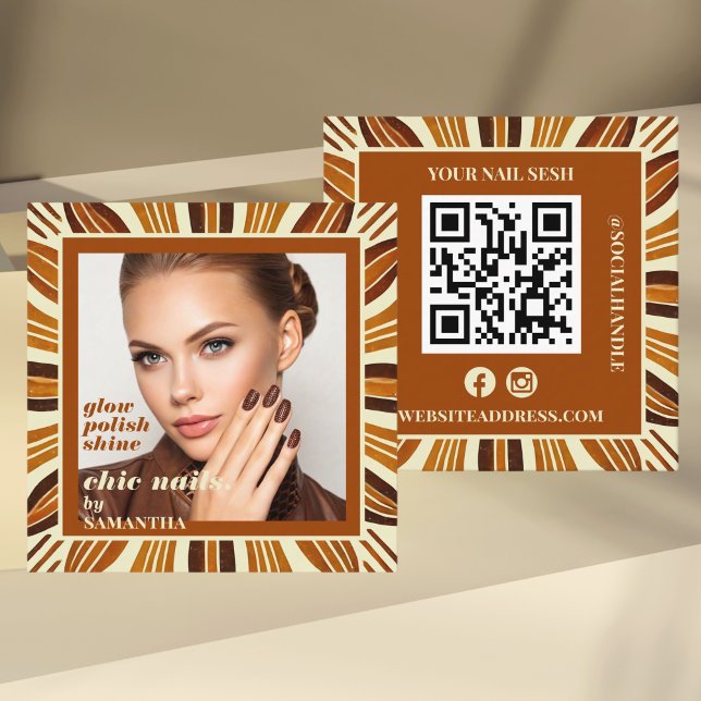 Carte De Visite Carré Rustic Nail Salon Business Photo Social & QR Code (Créateur téléchargé)