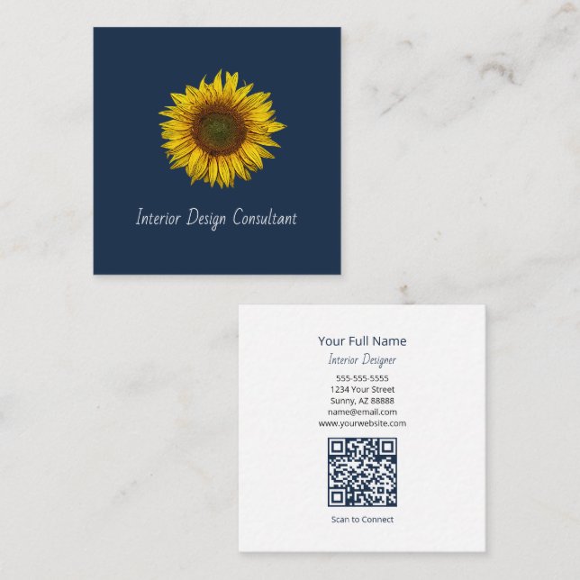 Carte De Visite Carré Rustic Sunflower QR code Boho Navy Blue (Devant / Derrière)