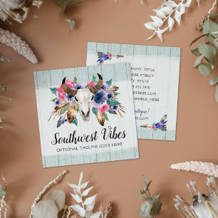 Carte De Visite Carré Rustique Floral Vache Crâne Aquarelle Bois Boho Ch