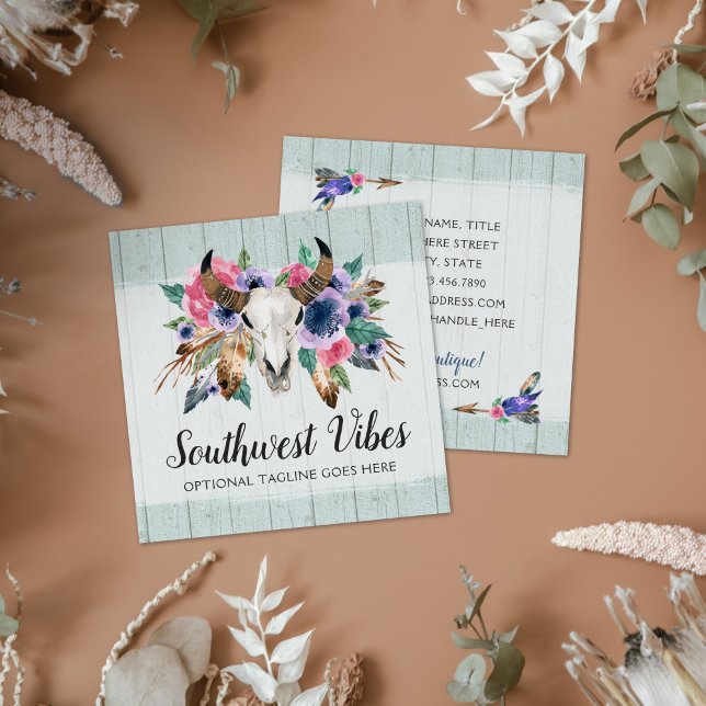 Carte De Visite Carré Rustique Floral Vache Crâne Aquarelle Bois Boho Ch (Créateur téléchargé)