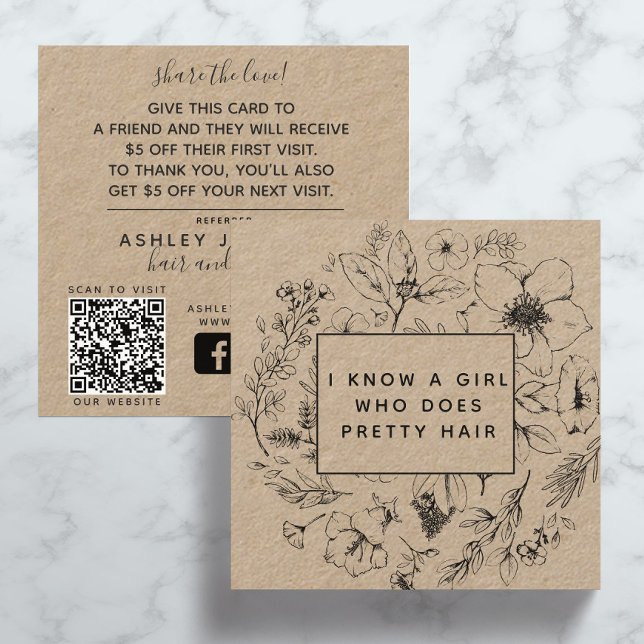 Carte De Visite Carré Rustique QR Code Botanical Kraft Black Reference C (QR Code Social Media Referral Card)