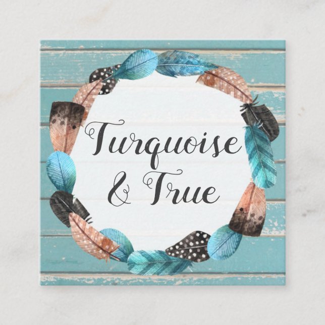 Carte De Visite Carré Rustique Turquoise Bois & Plumes Flèche Boho Chic (Devant)