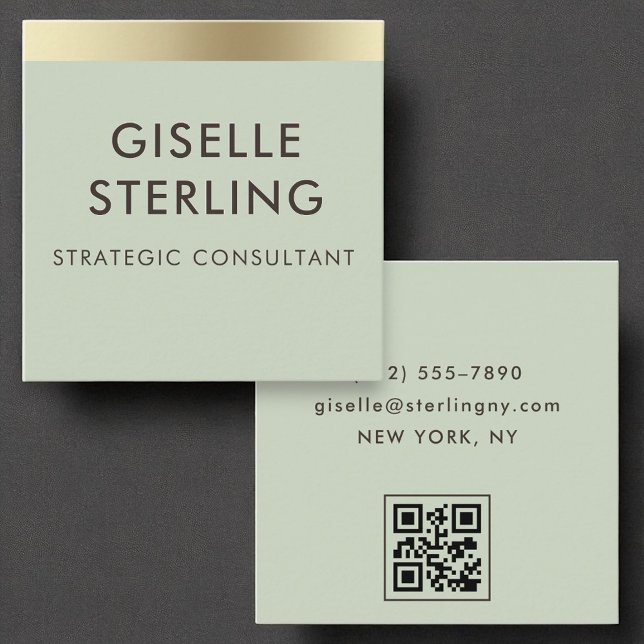 Carte De Visite Carré Sage Green Gold Foil Luxury QR Code minimum (Créateur téléchargé)