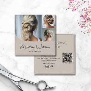 Carte De Visite Carré Salon de coiffeur 3 Photos Code QR Beige