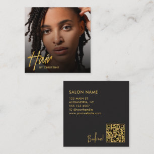 Carte De Visite Carré Salon de coiffure moderne Black Gold Script Photo 