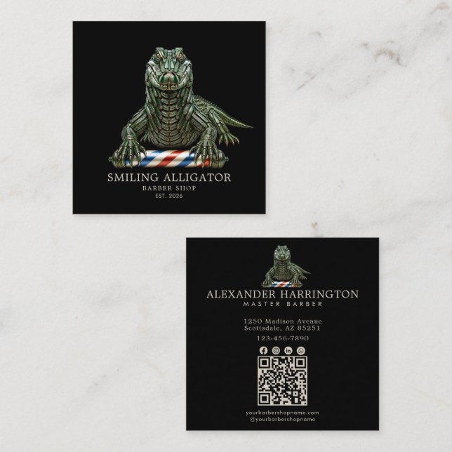 Carte De Visite Carré Salon de Coiffure Professionnel Code Qr Alligator  (Devant / Derrière)