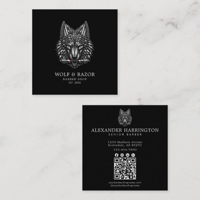 Carte De Visite Carré Salon de coiffure Silver Wolf Professionnel Code Q (Devant / Derrière)