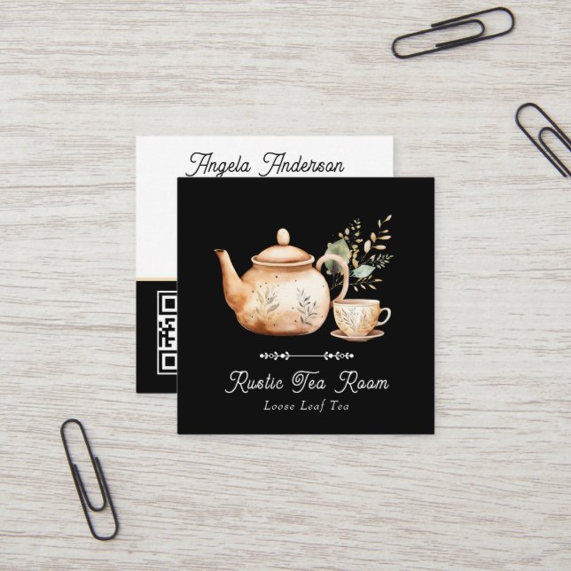 Carte De Visite Carré Salon de Thé Tea Pot  (Devant/Arrière en situation)