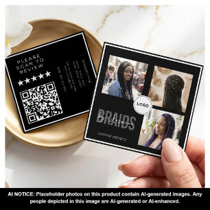 Carte De Visite Carré Salon de tressage Black Square 3-Photo Collage QR 