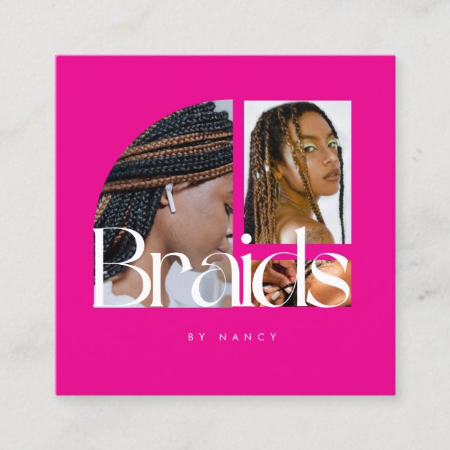 Carte De Visite Carré Salon de tressage des cheveux - photo Collage rose (Devant)