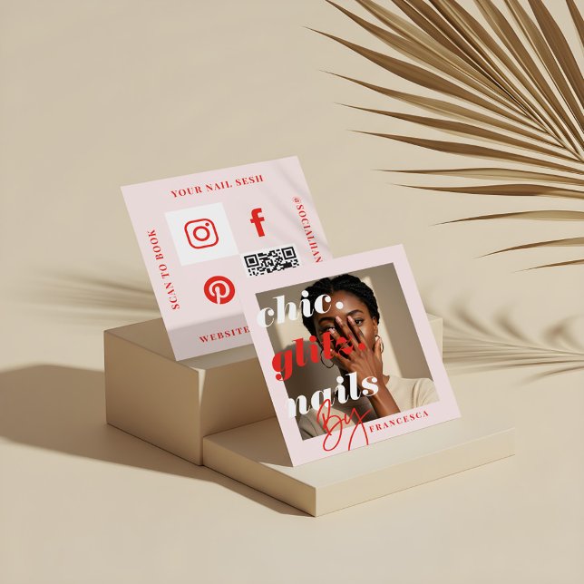 Carte De Visite Carré Salon moderne à ongles Business Photo Social & QR  (Modern Nail Salon Business Photo Social & QR Code Square Business Card)