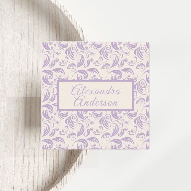 Carte De Visite Carré Script de Motif Feuille de lavande violet minimal (Minimal Violet Lavender Leaves Pattern Script Square Business Card)