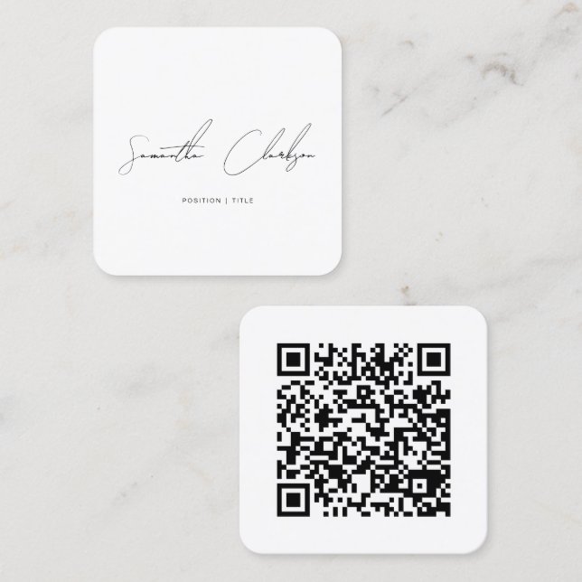 Carte De Visite Carré Script manuscrit noir simple et moderne et code QR (Devant / Derrière)
