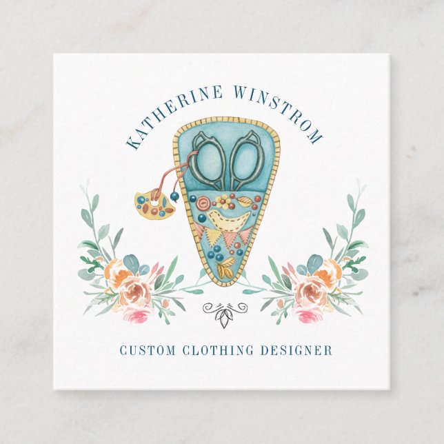 Carte De Visite Carré Seamstress Fashion Designer coudre bleu rose (Devant)