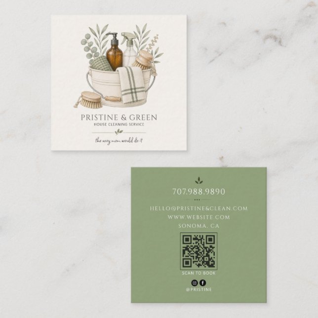 Carte De Visite Carré Service de nettoyage de maison QR Code Sage (Devant / Derrière)
