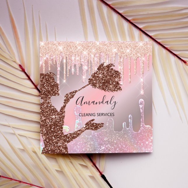 Carte De Visite Carré Service de nettoyage des maisons domestiques Logo  (Maid House Cleaning Services Logo Drips Rose Glam Square Business Card)