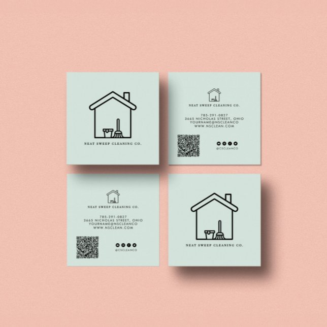 Carte De Visite Carré Service de nettoyage minimaliste CODE QR Marque En (Créateur téléchargé)