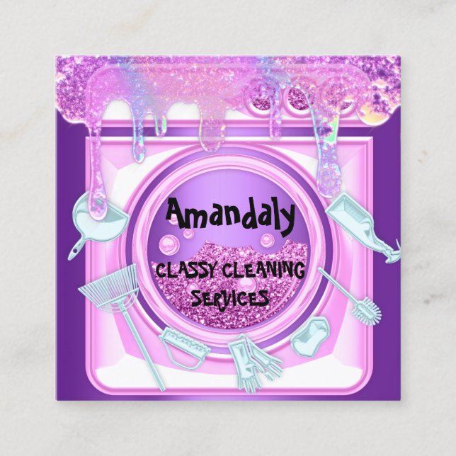 Carte De Visite Carré Service de nettoyage QRCode Laundy Drips Soap Viol (Devant)