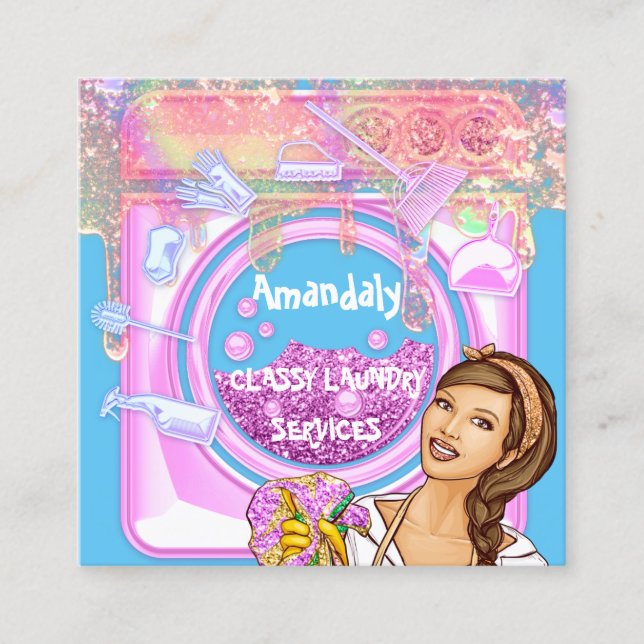 Carte De Visite Carré Services de nettoyage de lave-linge QRCode bleu ro (Devant)