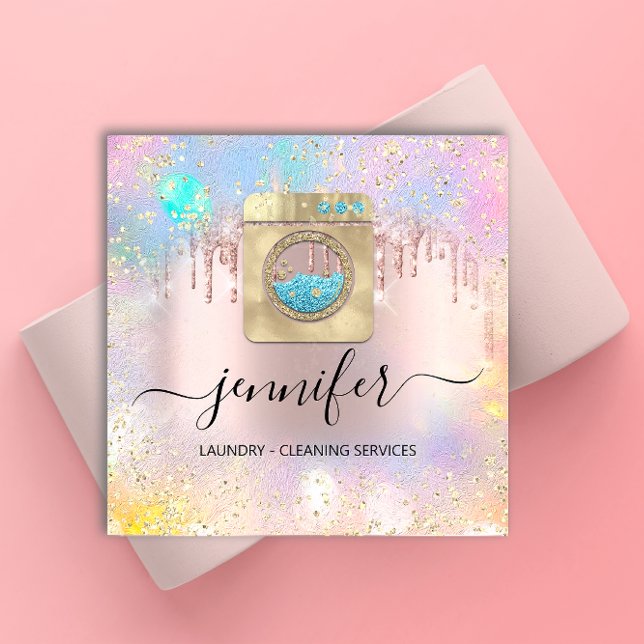 Carte De Visite Carré Services de nettoyage Lave-linge QR Codo Logo Rose (Créateur téléchargé)