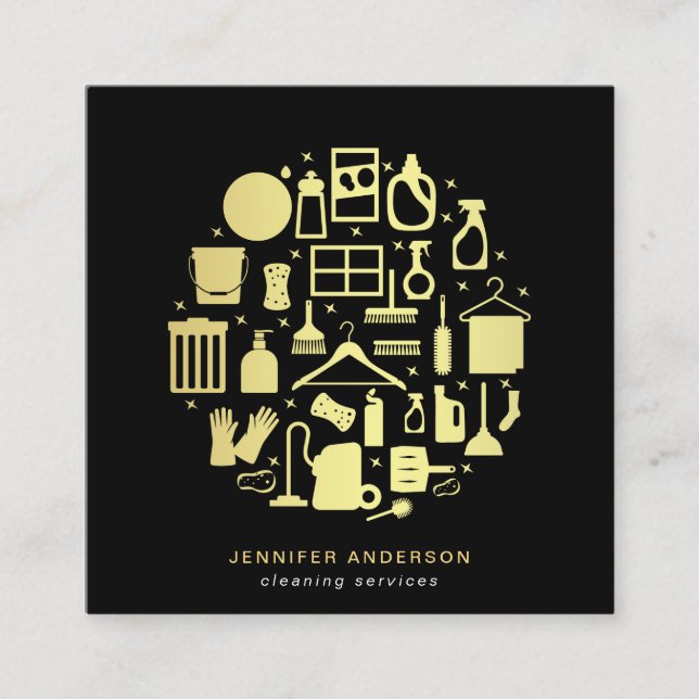 Carte De Visite Carré Services De Nettoyage Moderne De L'Or Et Du Noir (Devant)